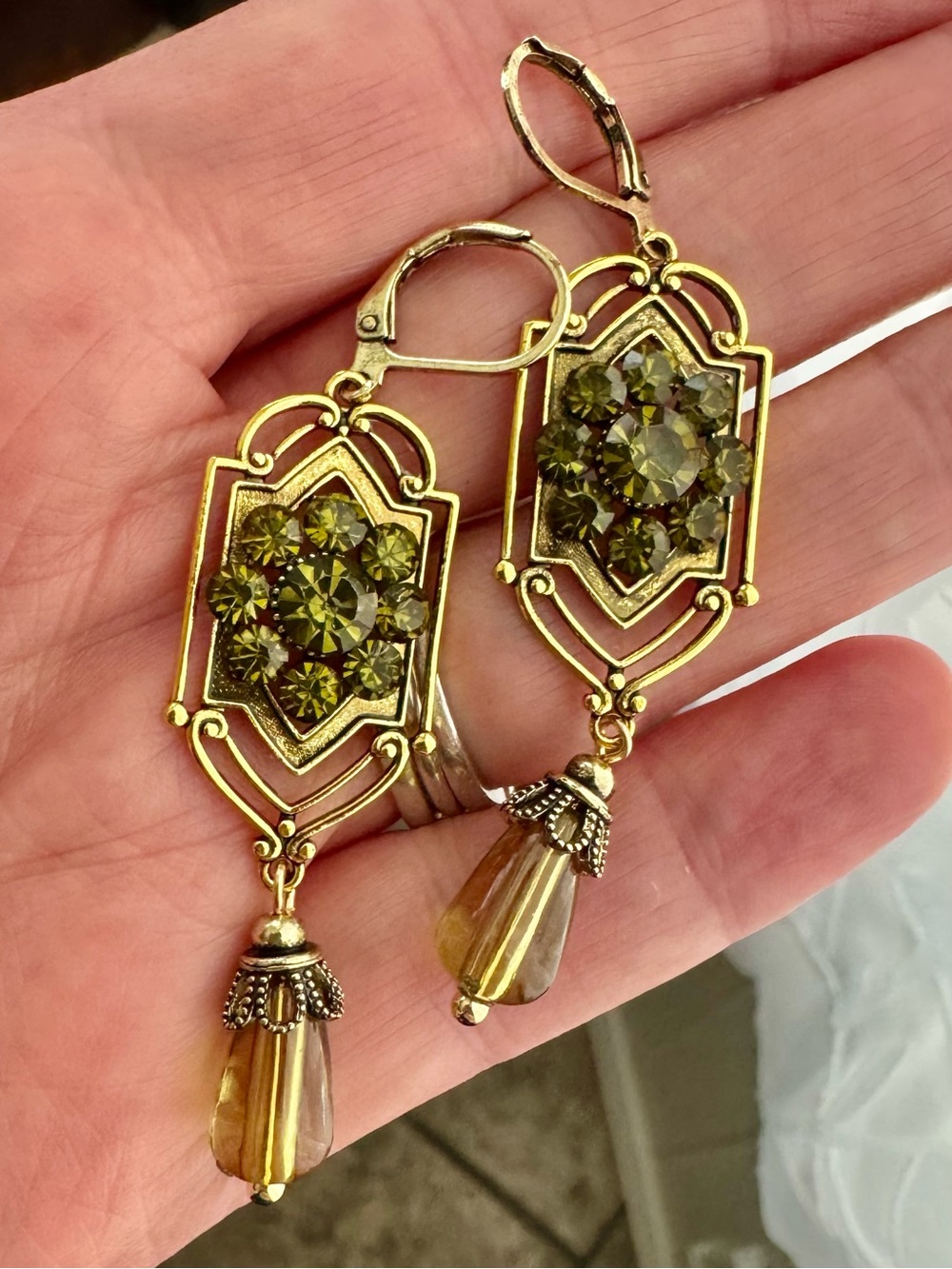 Art Nuevo Drop Earrings antique gold tone with CZ green crystals 2.5” long